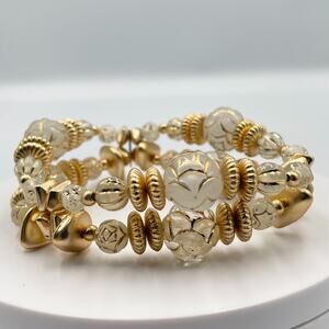 Vintage Y2K Gold Tone Clear Frosted Lucite Beaded Multi Layer Wrap Cuff Bracelet